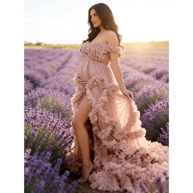 Pregnancy Photography Essential Tulle Maternity Gown - Off Shoulder, Puffy Ruffles, Long Robe for Baby Shower