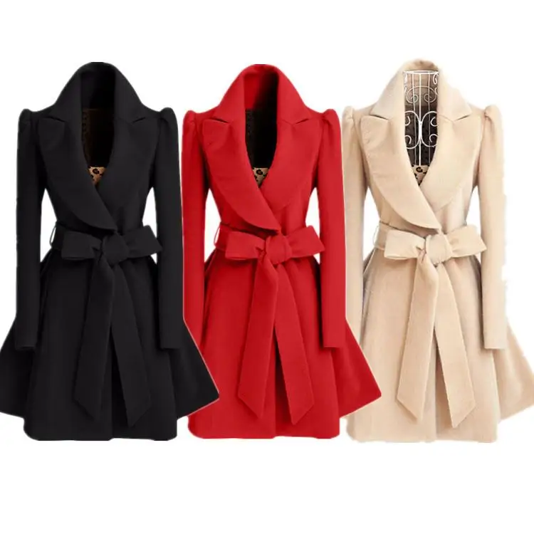 

Women's Woolen Coat Waist-Cinched Slim Fit Windbreaker Cross-Border CleanFit Long Sleeve Mid-Length Pure Color Fashionable
