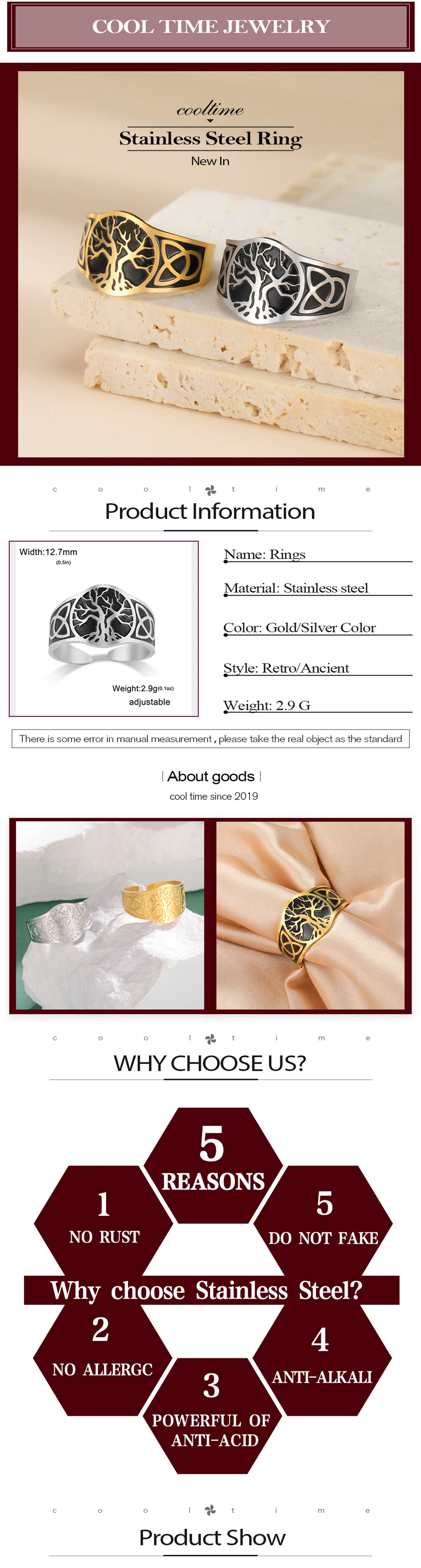 Cooltime Goldfarbener Keltischer Knoten Lebensbaum Offener Ring für Männer und Frauen Retro Edelstahl Nordischer Stil Amulett Schmuck 2026 Geschenk – Detail 1