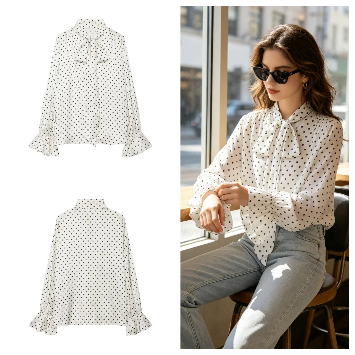 Guobioziy Women's Shirt 2026 Fall New White Polka Dot Long Sleeve Tie Detail Lightweight Romantic Shirt Trendy and Stylish