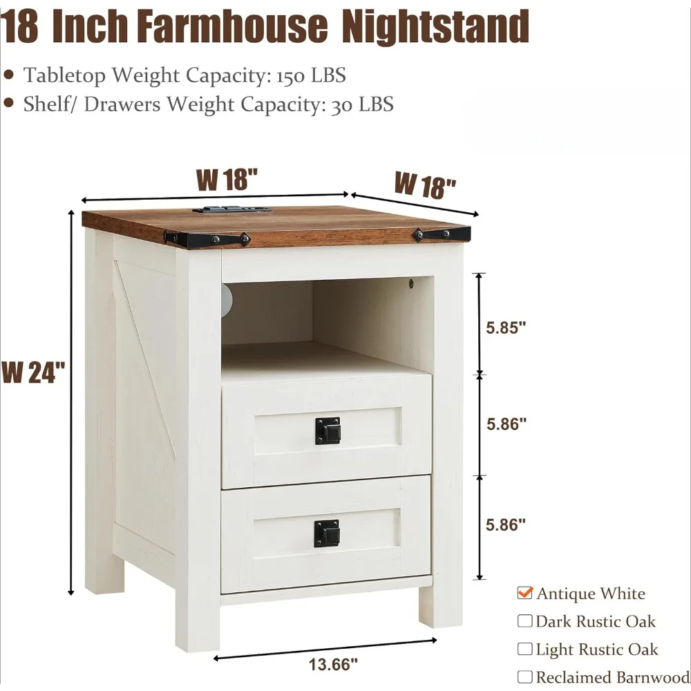 Nightstand with Charging Station, End Table, Side Table with 2 Drawers Storage Cabinet for Bedroom, Living Room