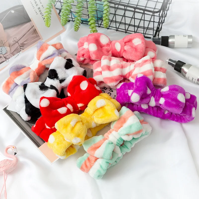 

Adult Korean Style Coral Fleece Washcloth Soft Bath Towel with Butterfly Hairband Floral Leopard Polka Dot Stripes Design
