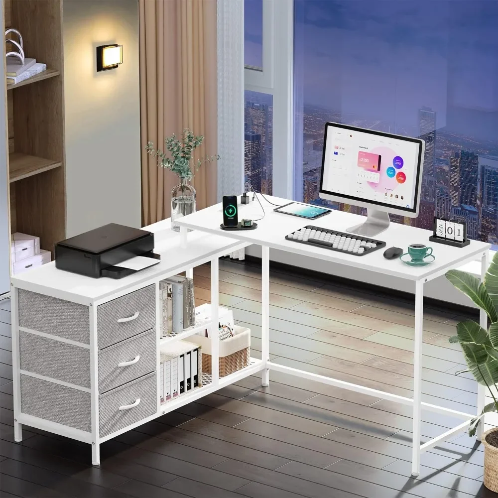 Standing Desk with Power Outlets, Corner Desk with Drawers & Shelves, Office Table