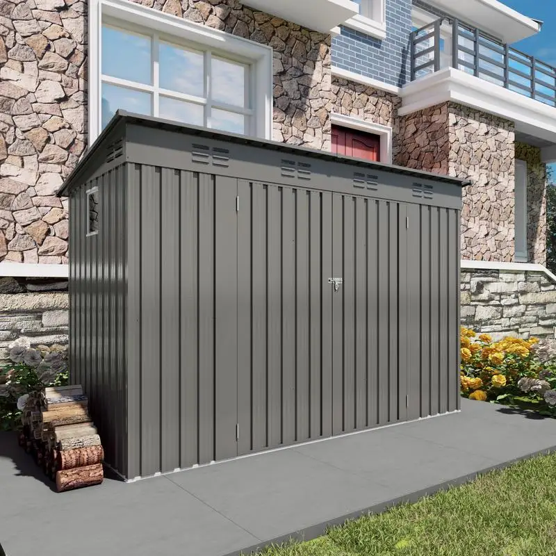 

4x9 FT Outdoor Metal Storage Shed, Garden Tool House with Sloping Roof, 6 Vents & 2 Swing Doors for Backyard, Patio & Garage,