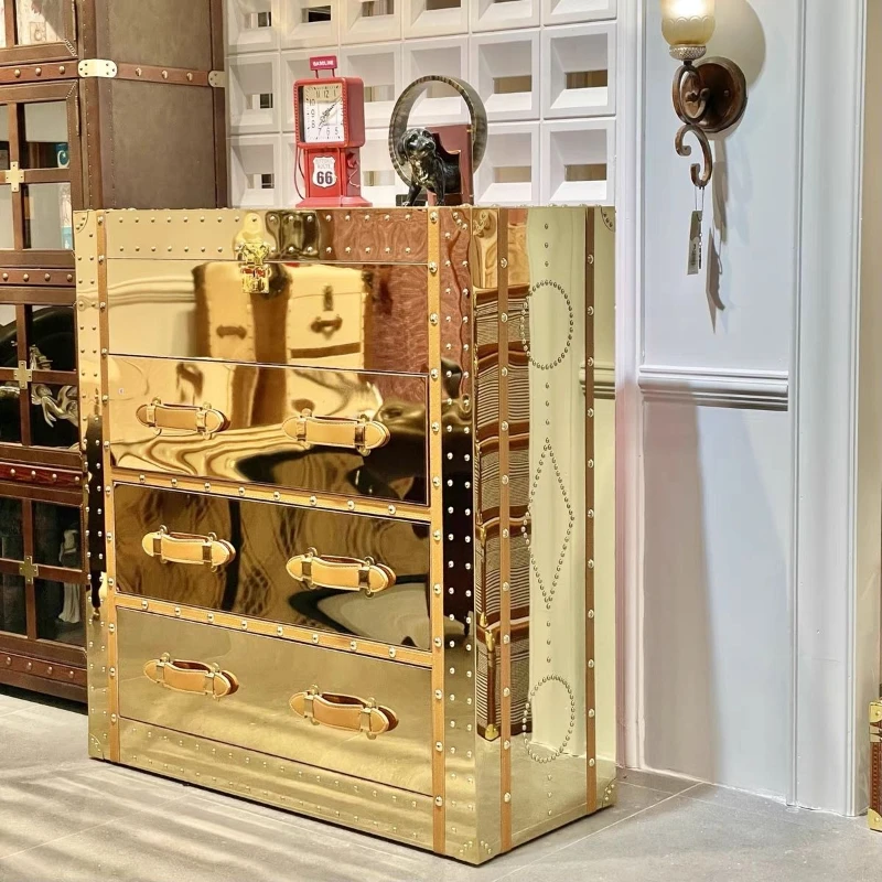 Industrial style gold storage side cabinet, American retro drawer storage cabinet, medieval living room model room stainless