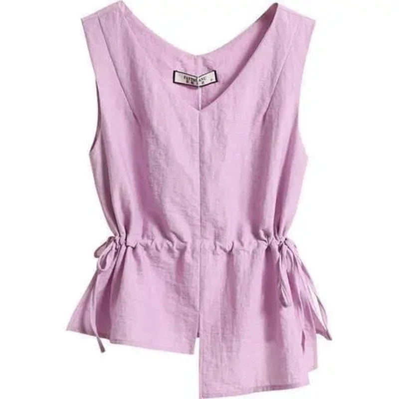 Sleeveless Drawstring Irregular Casual Blouse Summer New Solid Loose Simplicity Vintage Shirt Tops Fashion Office Women Clothing