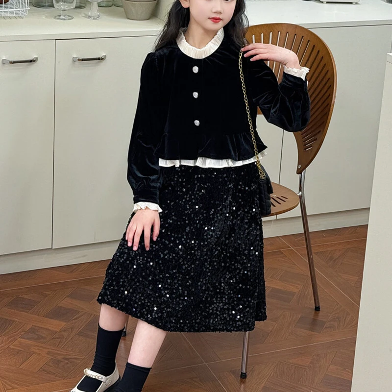 Girl\'s sequined velvet dress black fashionable high-end temperament girl fake two pieces Spring and Autumn Winter Festival party