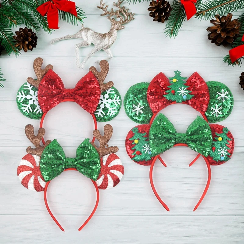 Disney Mickey Mouse Christmas tree Ear Antlers Snowflake Hairband Christmas Headband for Adults Women Lollipop Hair Accessories