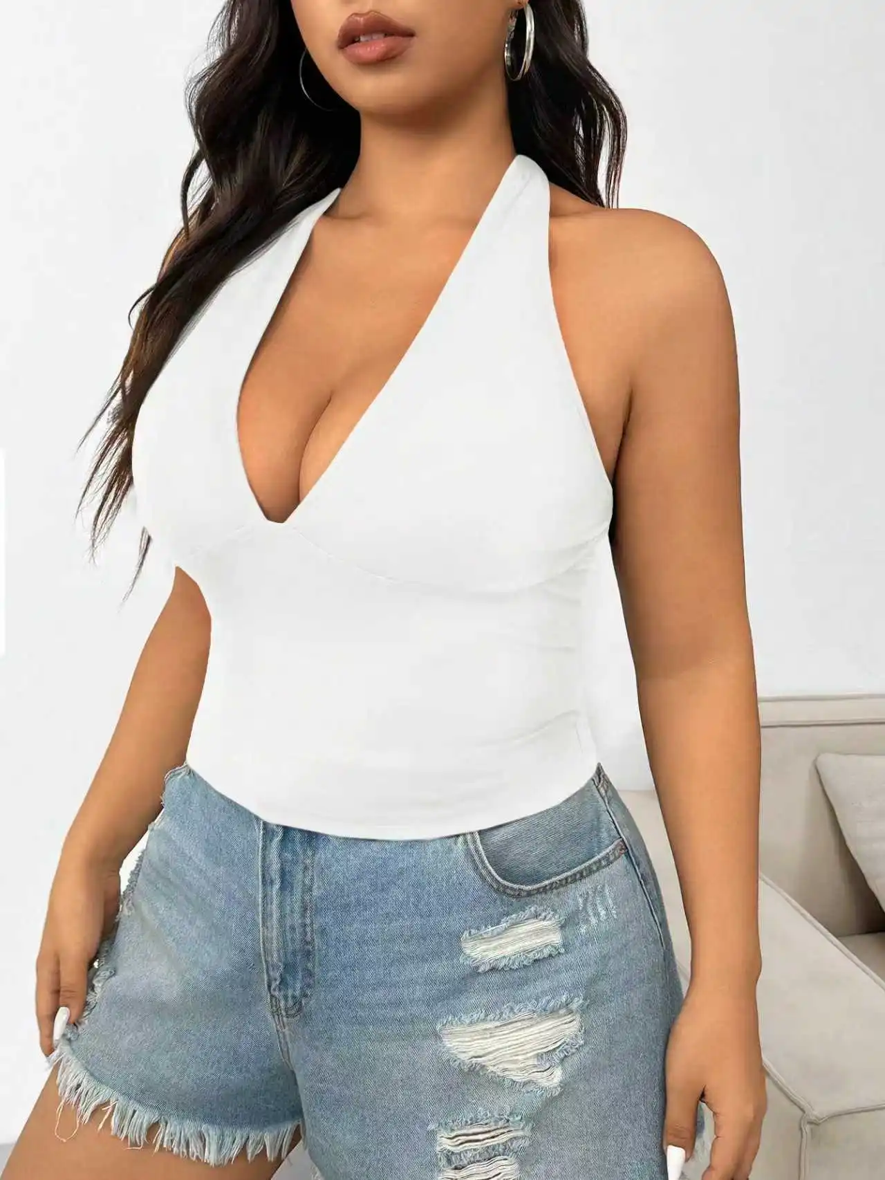 Plus Size Women's Halter Neck Crop Top Deep V Neck Backless Tie Back Sexy Cami Top