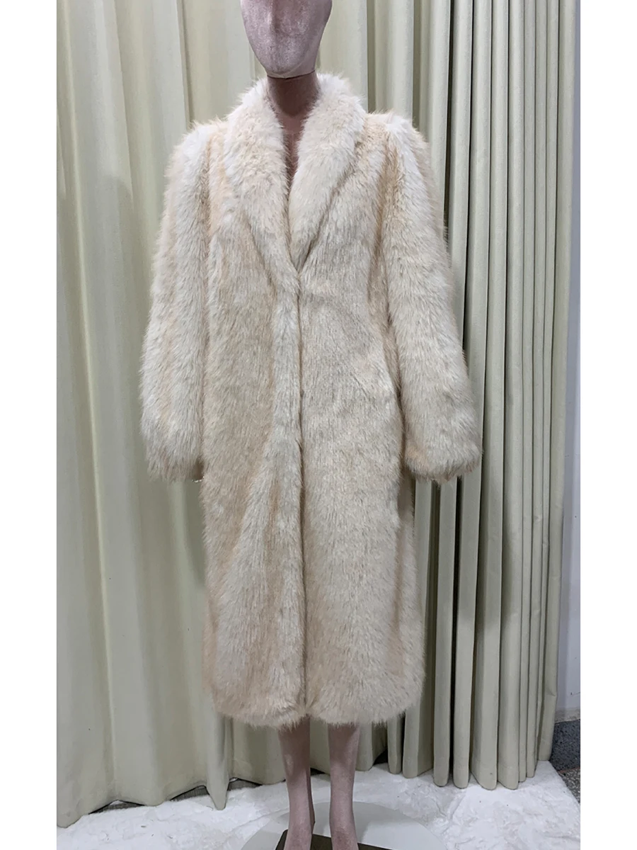 Осенне-зимнее длинное мягкое толстое теплое пальто из волосатого искусственного лисьего меха, женское пальто с шалевым воротником, элегантное роскошное шикарное пушистое меховое пальто, верхняя одежда