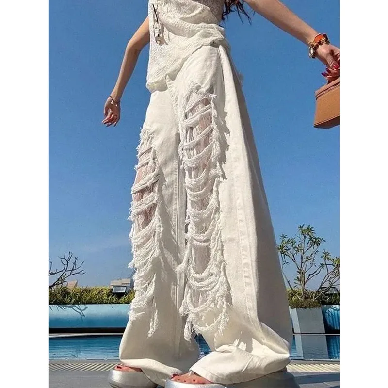 

Ladies Spring Summer White Jeans With Holes Loose Design Lace Openwork Stitching Joker Fashion Straight Jeans Wide-Leg Pants
