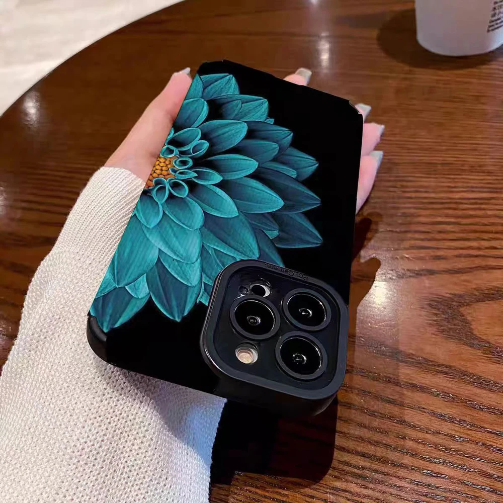Fashion Blue Flower Silicone Leather Case For iPhone 17 Air 16 11 12 13 14 15 Pro Max Plus Mini Soft Shockproof Full Cover