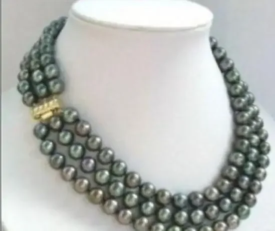 Jewelry Pearl Necklace 3 row 7-8mm natural tahitian black green pearl necklace