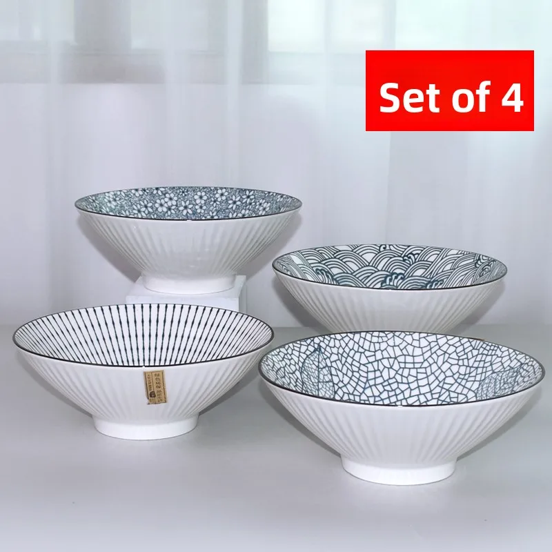 

Japanese Sle Large Cerc Soup Bowls Set of 4 Ramen Bowls 8 Inch Nordic Dinnerware Glazed under Color Plant Floral Pattern