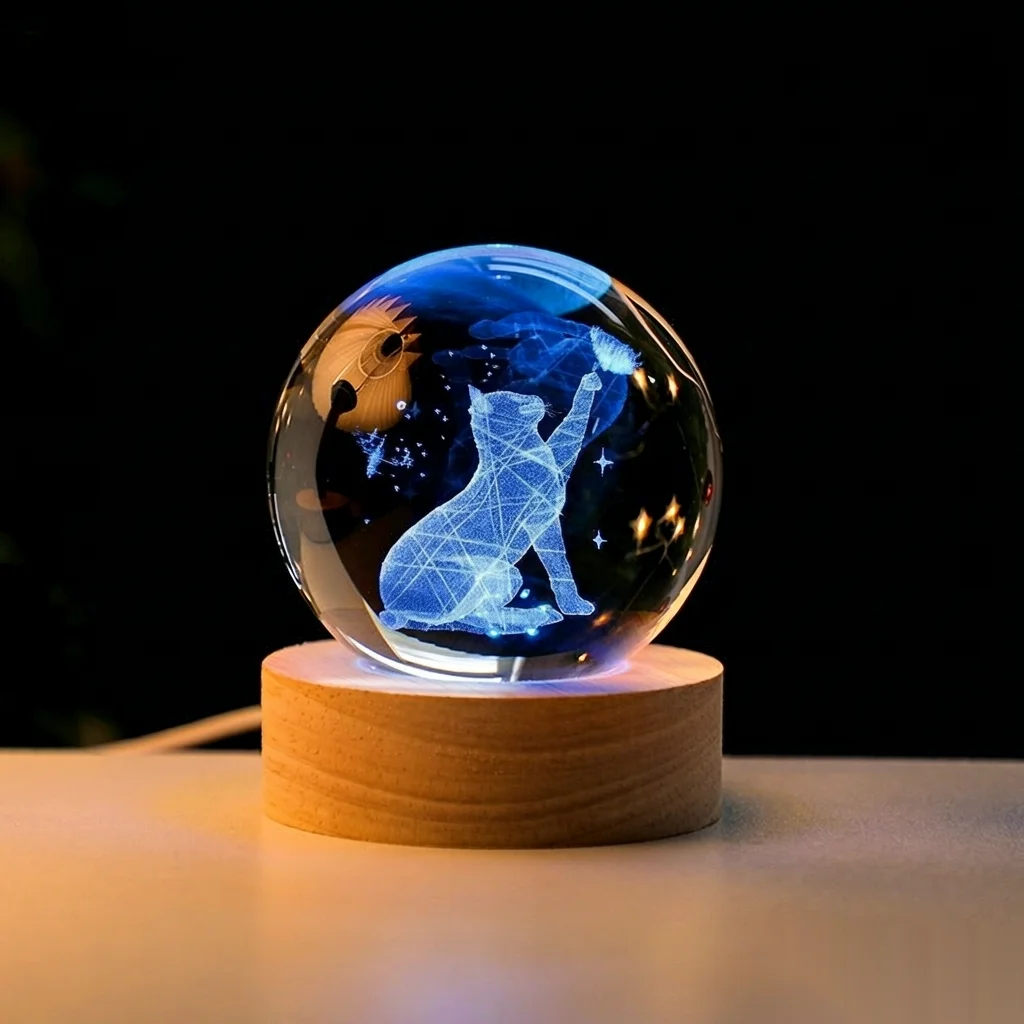 Cat Butterfly Ball Night Light, Engraved Plug in LED Wooden Base Bedroom Desk Table Holiday Party Decor Christmas Gift Christmas