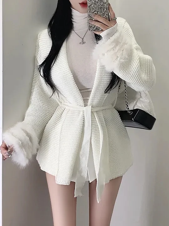 

Korean Style Soft Knitted V-Neck Waist-Cinching Sweater Coat Women's Autumn Winter Fashion Furry Patchwork Cardigan
