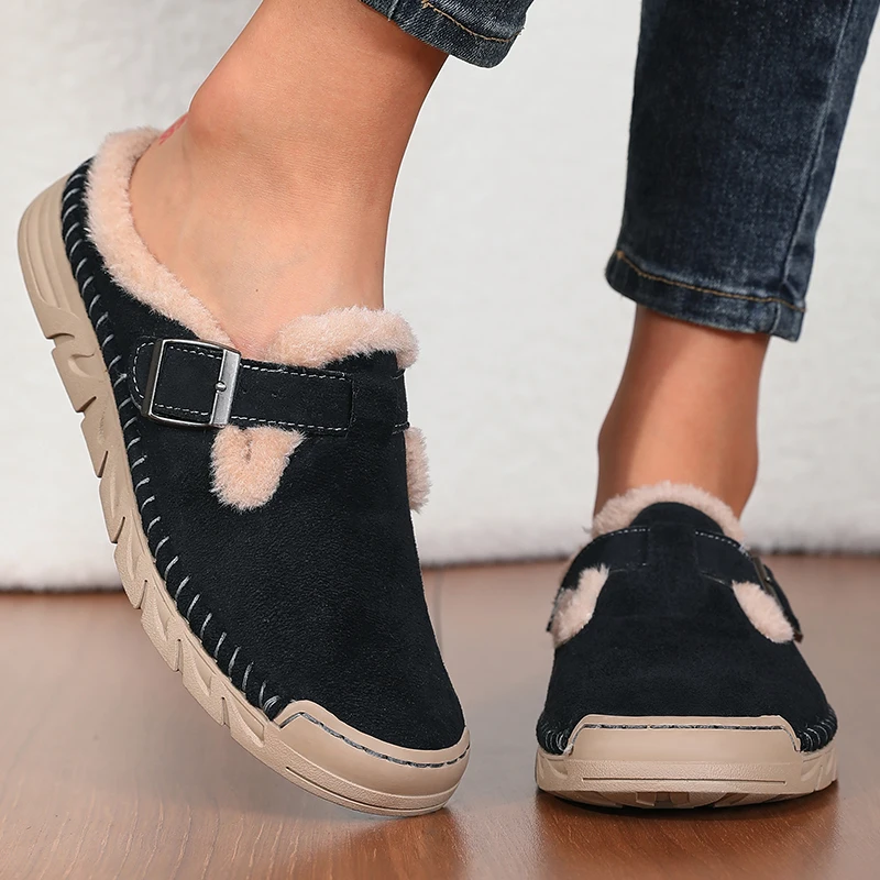 Damenmode Baotou-Slipper Winter Neu Rundkopf Tiefer Schnitt Schnallenverschluss Weiche Sohle Rutschfest Verschleißfest Flache Schuhe – Detail 13