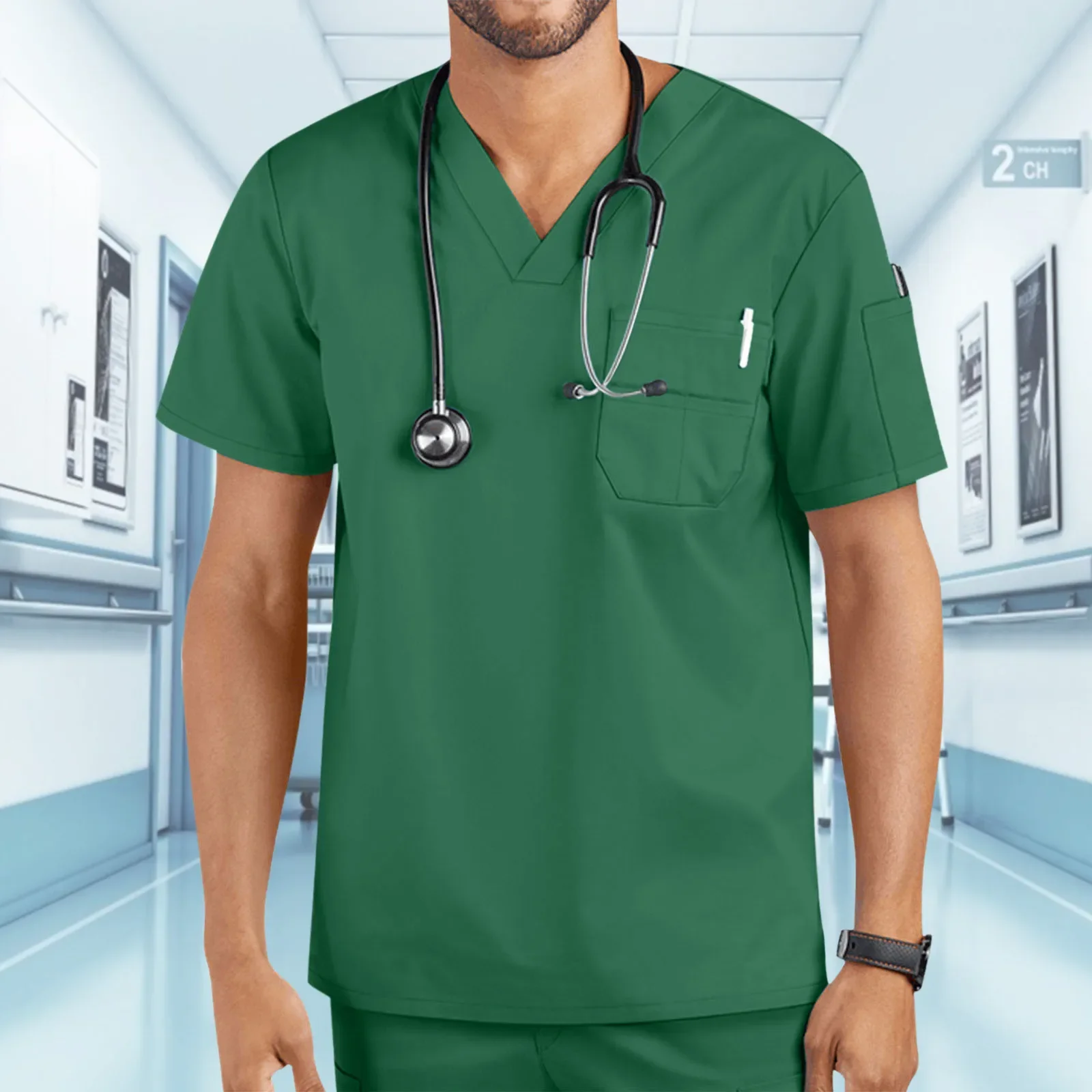 Uniforme de manga curta para homens, blusa hospitalar, camiseta de enfermagem médica, vestuário de enfermagem médica