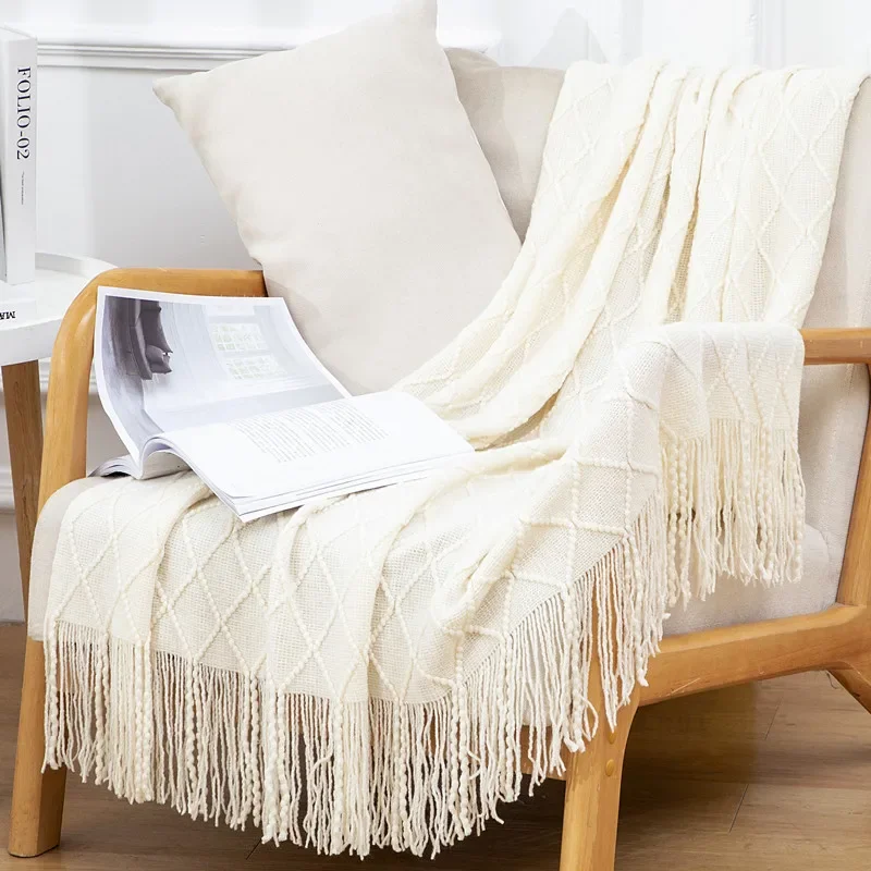 Scandinavian Soft Solid Color Spring/summer Tassel Knitted Plaid Sofa Towel Blanket Knitted Blanket