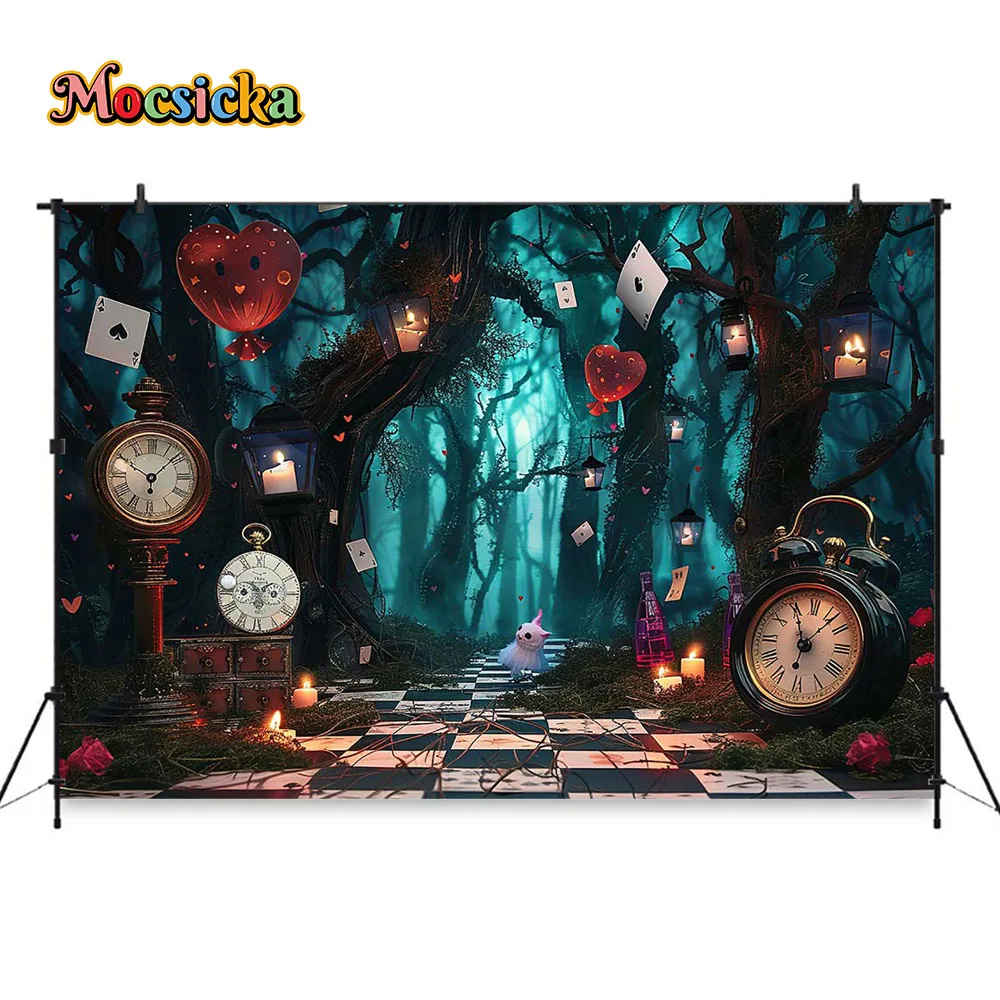 Mocsicka Alice Girl Birthday Studio Photo Background Magic Forest Clock Checkered Floor Backdrop Decor Kids Photography Prop