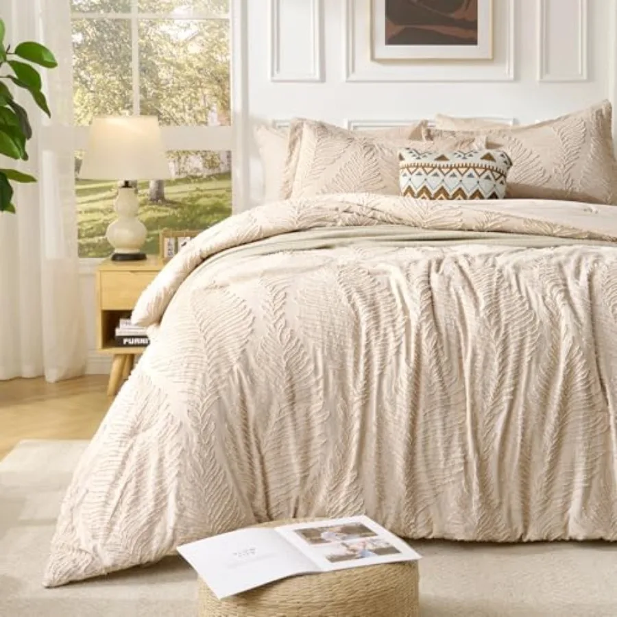 

7 Pieces Comforter Set Leaves Floral Farmhouse Shabby Chic Embroidered Bedding for All Seasons with Comforter Sheets Pillowcase