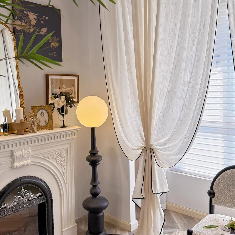 Custom Size Fu Feng Gauze Cream Mid-century Style Living Room French Elegant Window Screen Texture Black Edge Gauze Curtains