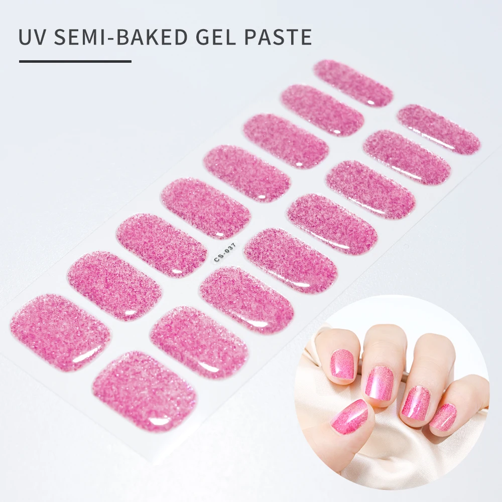 16Tips Pink/Purple Glitter UV Gel Nail Sticker Full Cover Long-Lasting Semi-Cured Gel Nail Art Wraps With Shiny Adhesived Decal