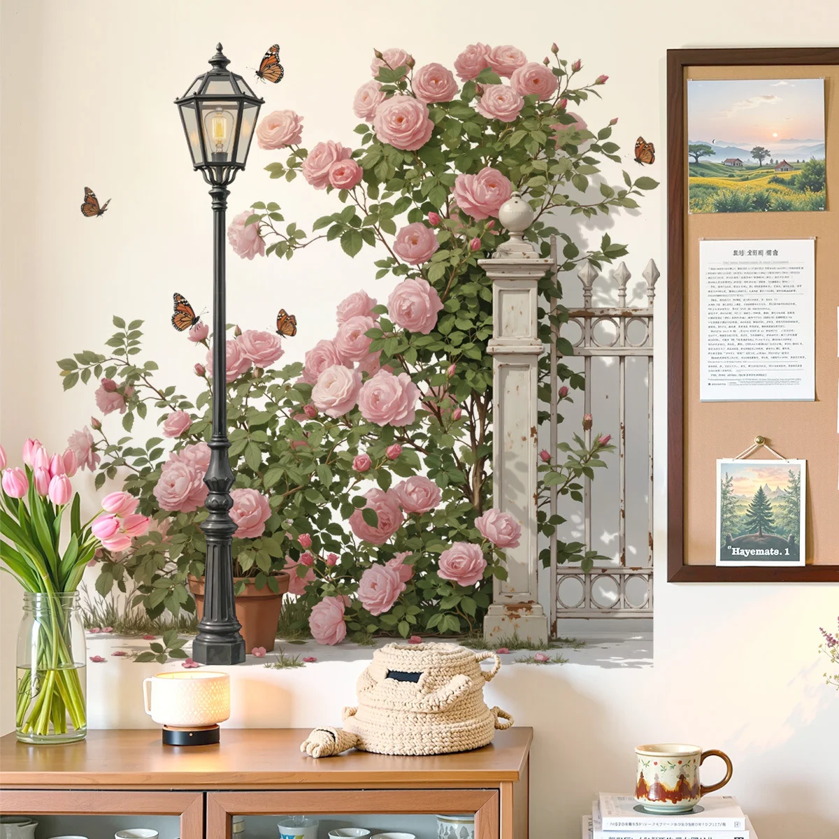 Watercolor Vintage Pink Rose Bush Wall Stickers, Antique Street Lamp Iron Fence Butterfly Living Room Cabinet Decor