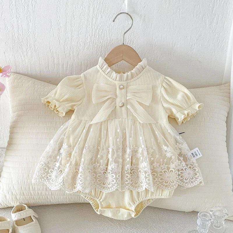 

2026 New Summer Toddler Baby Girls Jumpsuit Short Sleeved Cotton Lace Splicing Infant Baby Girls Bodysuit 0-24M Baby Clothing