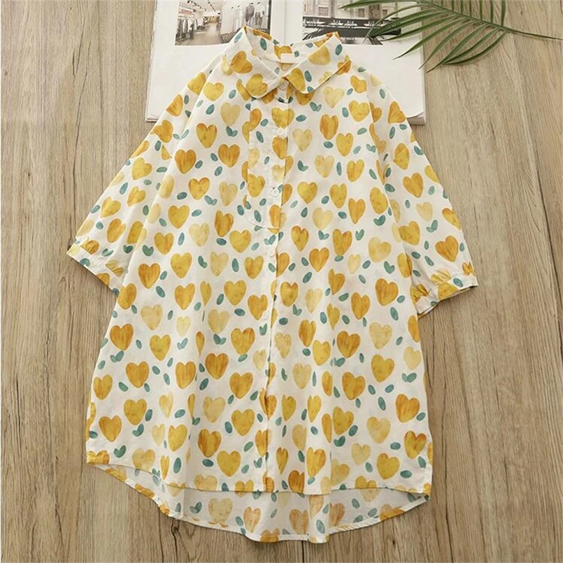 

Fashion Lapel Button Casual Shirts All-match Love Print Cute Blouse Women Clothing 2025 Summer New Loose Tops Office Lady Blouse