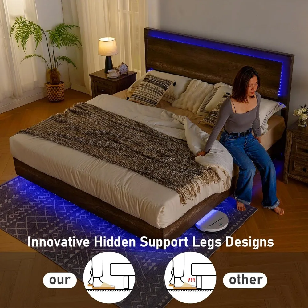 Kingsize-Bett rahmen mit LED-Licht und Kopfteil, keine Box spring erforderlich, geräusch frei, schwimmender Plattform bett rahmen für Bauernhöfe