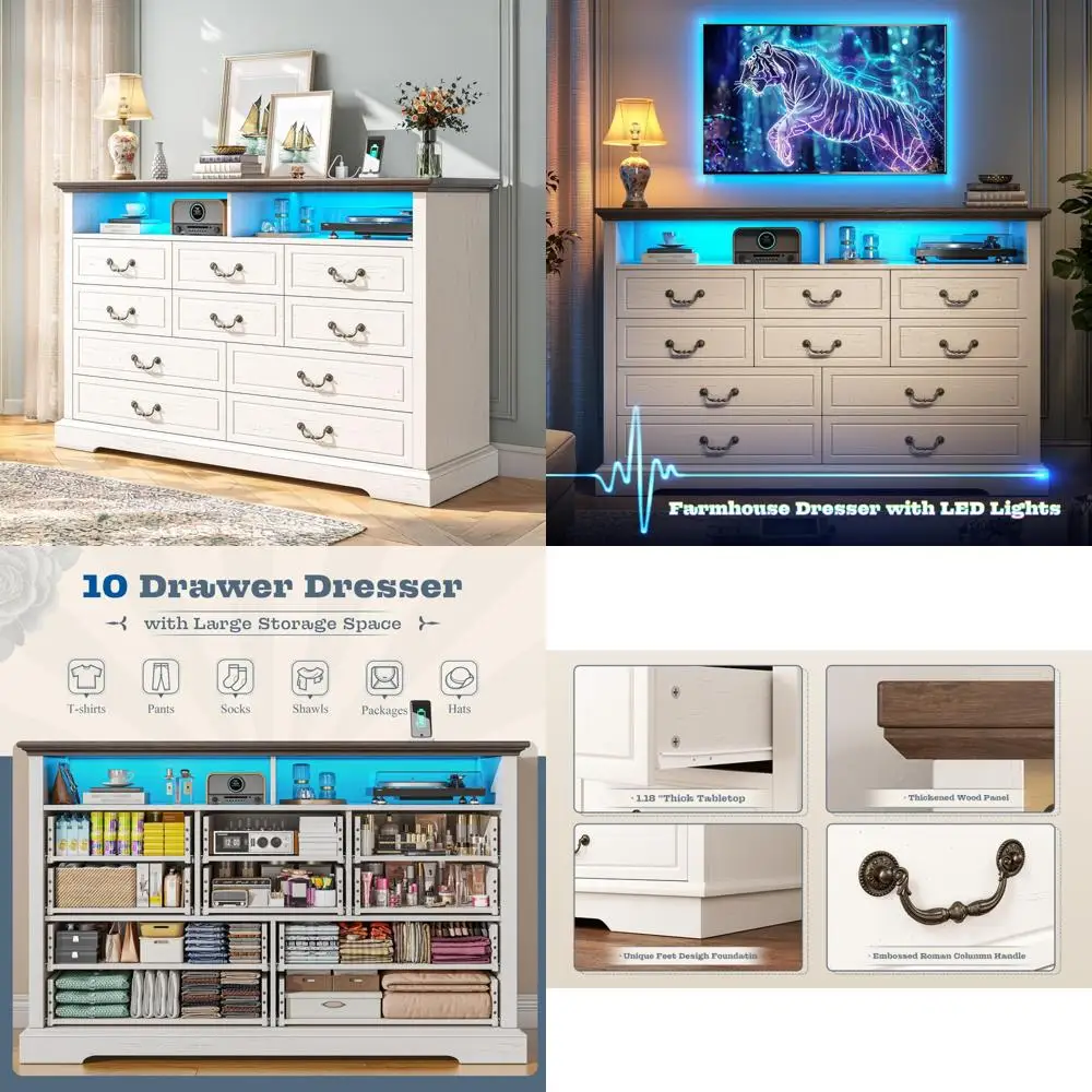

Spacious 10-Drawer White Bedroom Dresser with LED Lighting and Charging Dock