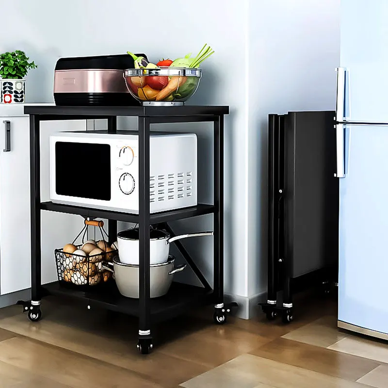 

Stainless Steel Kitchen Floor 3 Tiers Rack for Microwave Oven Foldable Mobile Food Cart Holder Heavy Rice Cooker Storage Shelf