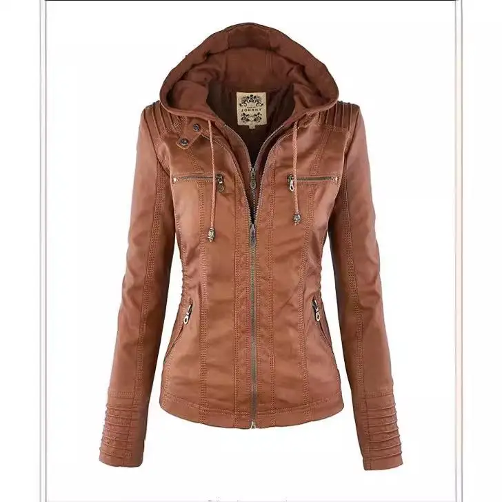 Detachable Collar Long Sleeve Zipper Women's Leather Jacket Coat Pure Color Gothic Style Fashionable Ladies' Outerwear