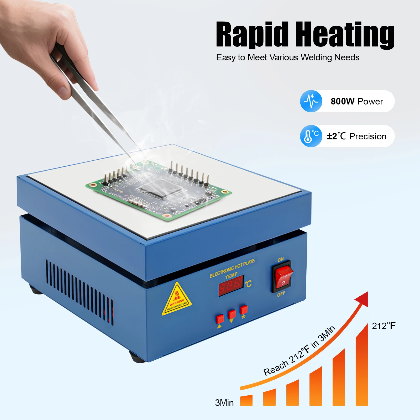 แผ่นทำความร้อนอิเล็กทรอนิกส์สำหรับงานบัดกรี 800 วัตต์ 50~400 ° เครื่องเชื่อมแบบปรับอุณหภูมิได้พร้อมแผ่นความร้อนสำหรับงานซ่อมแซม SMD