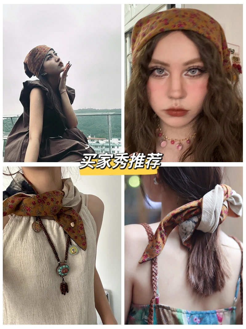 Original Retro Double-sided Multi-functional Headscarf, Street Triangle Scarf, Literary Shawl, Cotton and Linen Collar Scarf