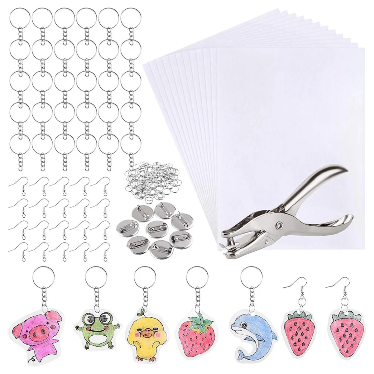 181Pcs Shrinking Plastic Sheets Kit Includes 20 Shrinking Film Art Paper and 161 Pcs Keychains Making Accessories