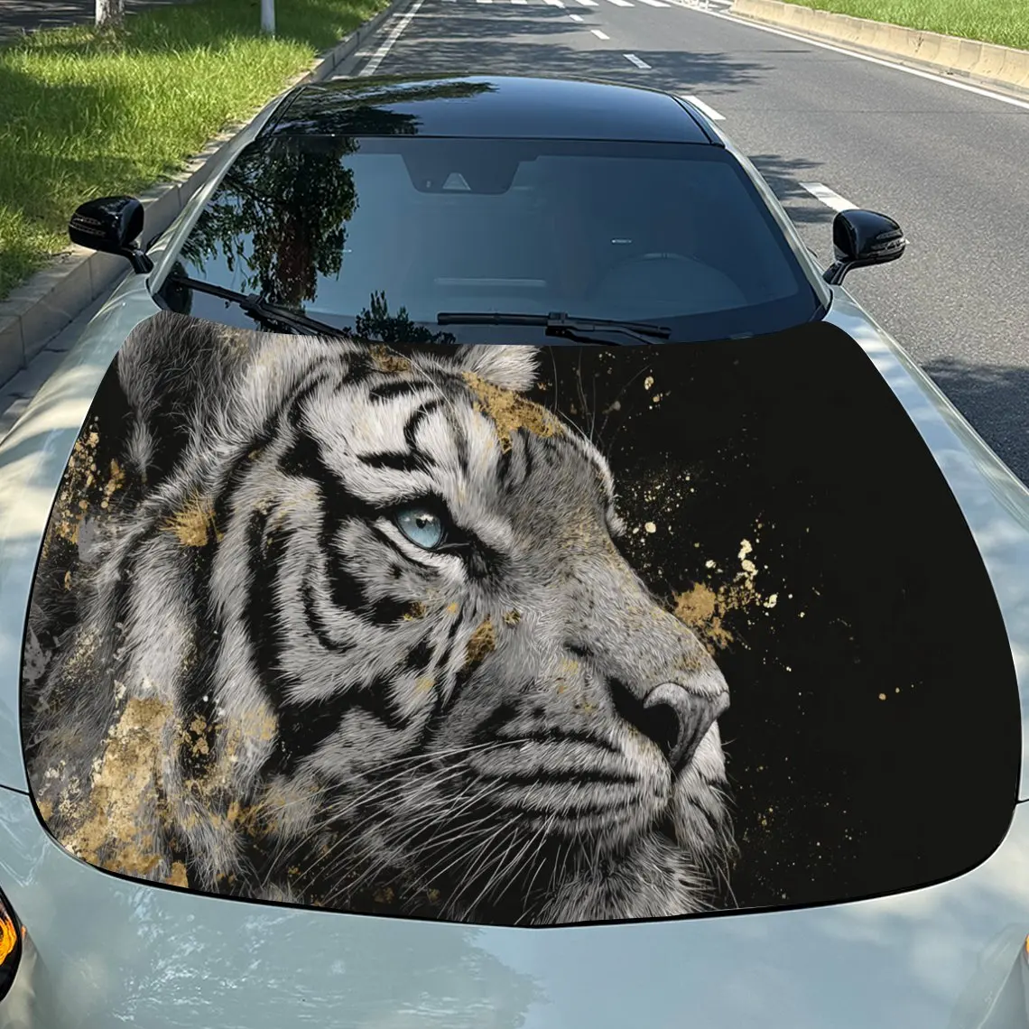 Car Decal Tiger in Artistic Background with Gold Speckled Elements & Fierce-Artistic Visual Details Car Hood Sticker, Waterproof