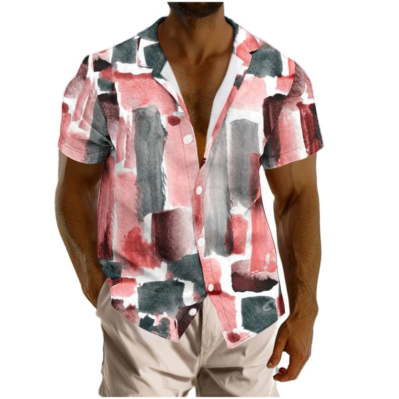

3D Print Men's Summer Shirt Vintage Patchwork Printed Button Lapel Short Sleeve Shirt Tropical Vacation T Shirt Fashion Men Tops