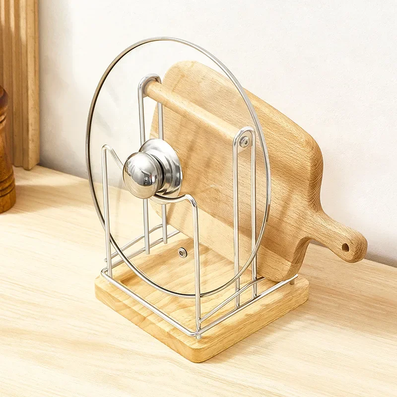Solid Wood Kitchen Countertop Pot Lid Rack Stainless Steel Drain Shelf Multifunctional Cutting Board Holder Storage Organizer