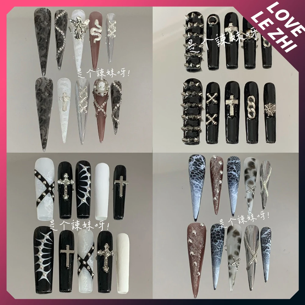 

Y2K Hot Girl Long Coffin Tip Handmade Reusable Press On Nail Metal Rivet Chain Spider Web Diamond Bowknot Flower Full Cover Nail