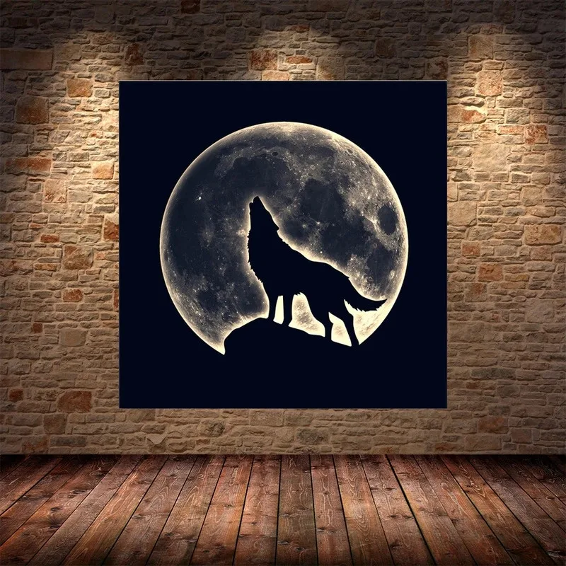 Abstarct Black White Wolf Luminous Moon Wild Animal Canvas Painting Posters Print Wall Art Pictures for Living Room Home Decor
