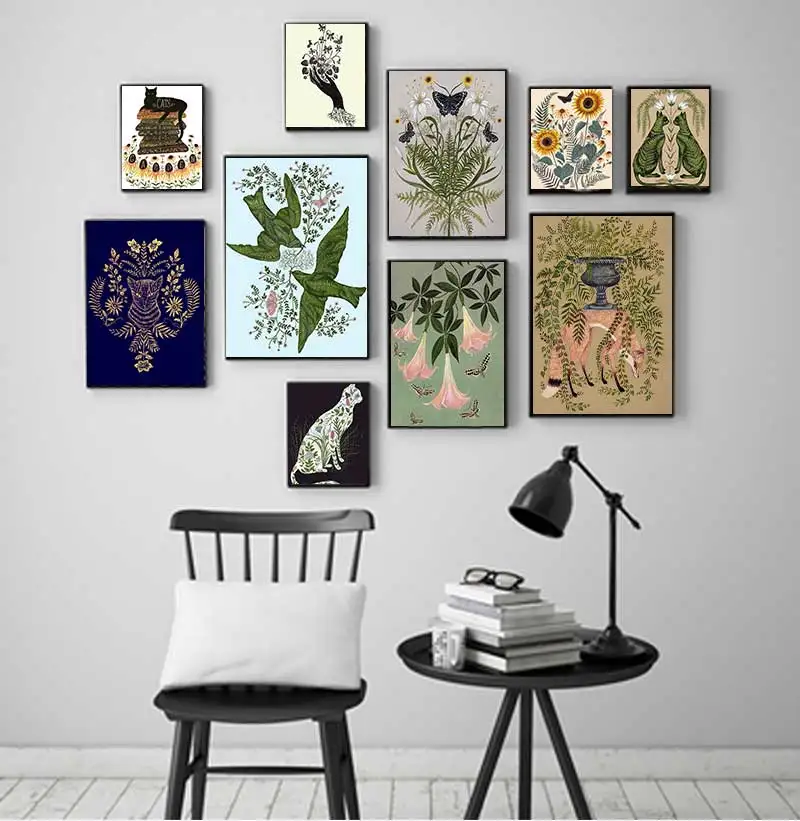 Póster de criatura Vintage, pintura artística de gato, mariposa, planta, impresión en lienzo, girasol y helecho, decoración del hogar, imagen artística de pared sin marco