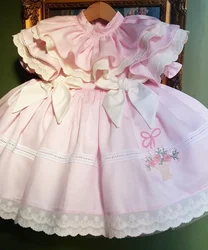 0-12Y Baby Girl Summer Flower Embroidery Pink Turkish Vintage Ball Gown Princess Dress for Easter Eid Birthday Party  B173