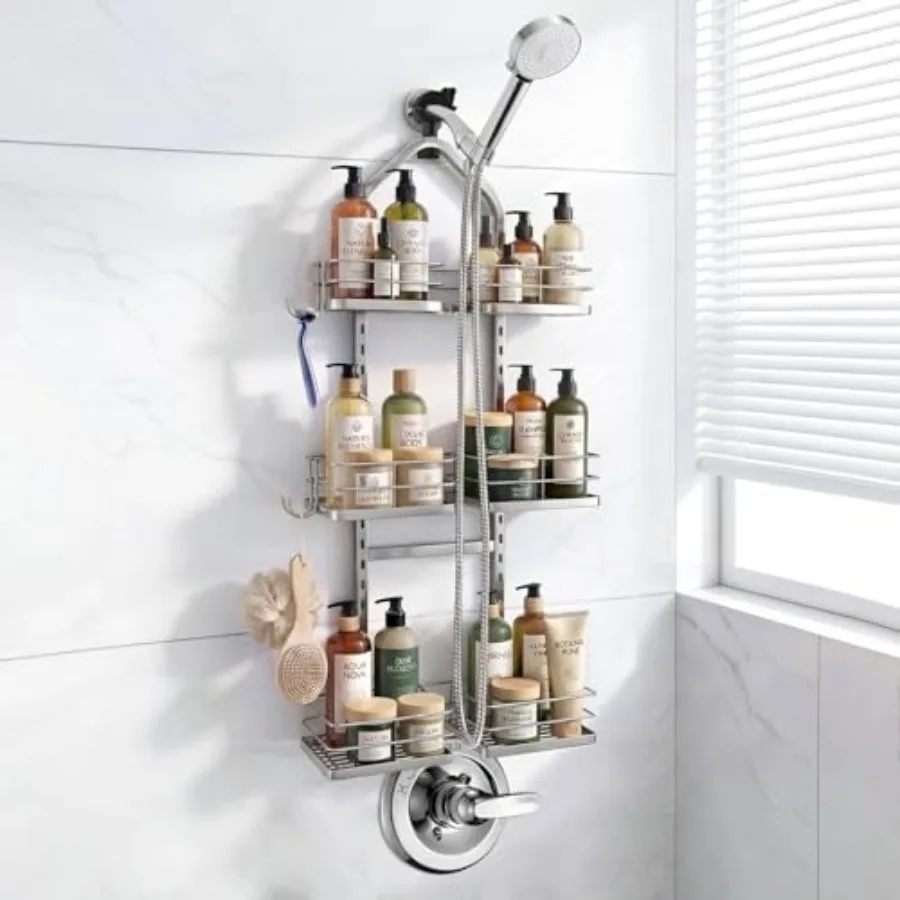 

Adjustable Hanging Shower Caddy for Handheld Showerhead, 3-Tier Rustproof Shower Rack Baskets, Anti-Swing Hanging Shower Organi