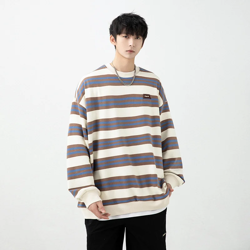 

New Men Striped O-Neck Sweatshirt Outdoor Casual Pullover Loose Breathable Hoodies High Quality Design Male Harajuku