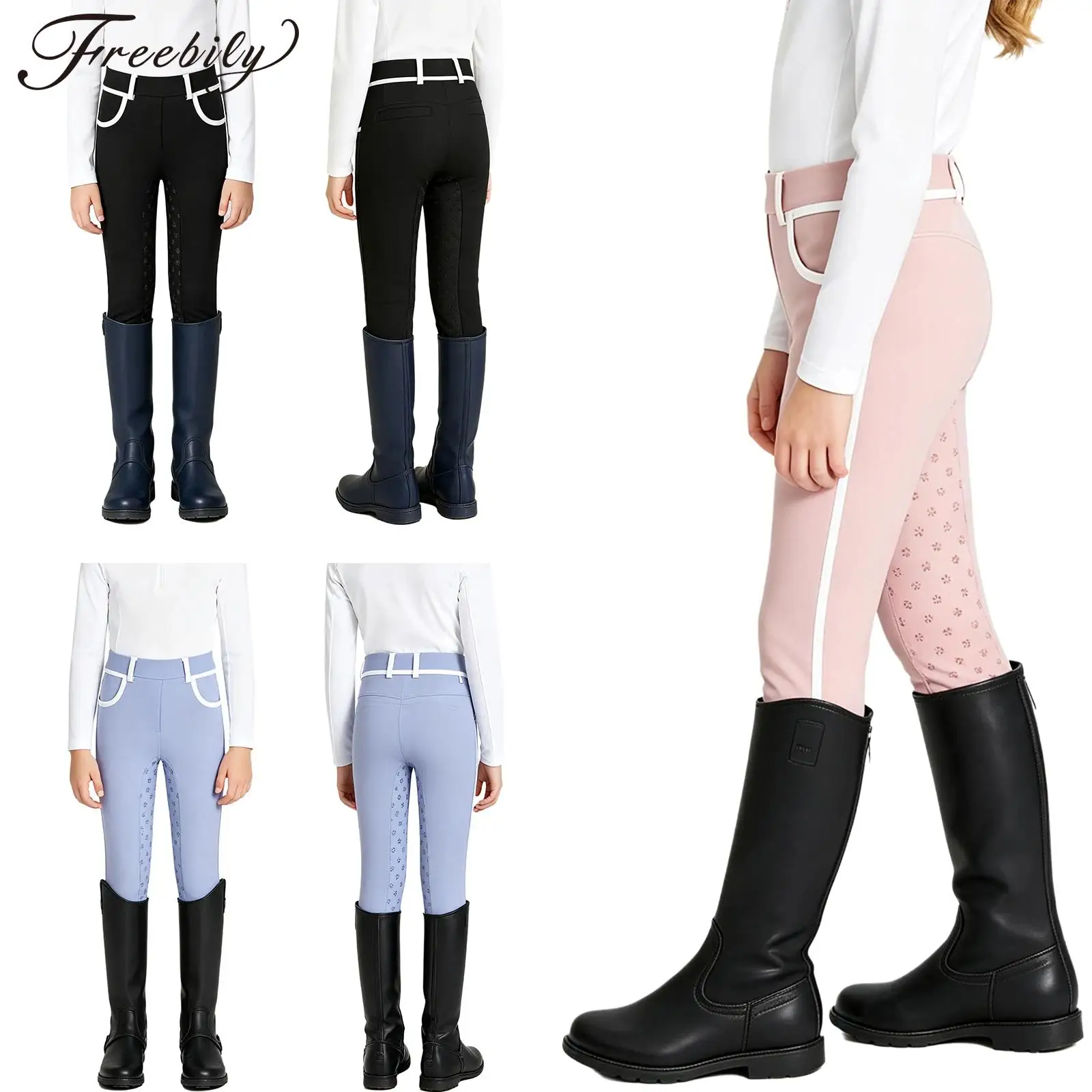 Kids Girls Horse Riding Pants Non-slip Full Seat Breeches Contrasting Trim Equestrian Leggings with Pockets Belt Loop
