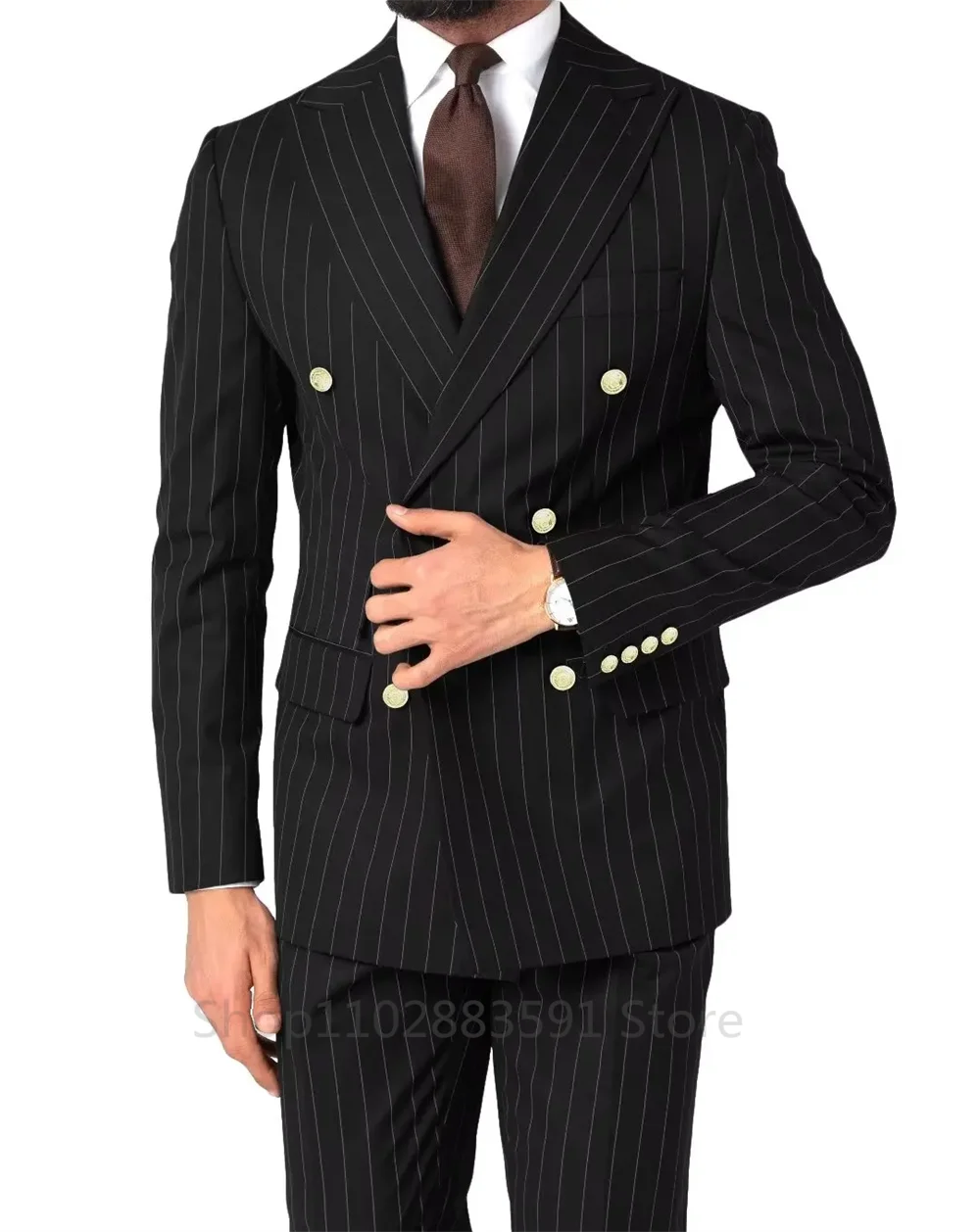 Elegant Men Suits Double Breasted Blazer Striped Business 2 Pieces Dress Social Formal Wedding Slim Fit Custom Tailcoat Clothing