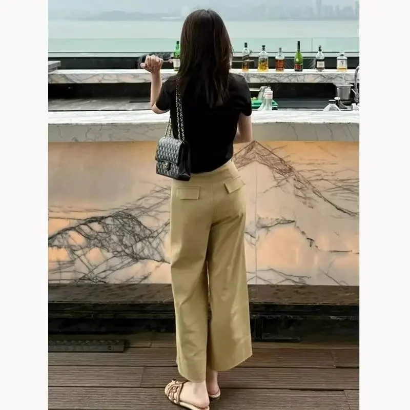 Spring Women Solid Color Wide Leg Trousers Summer Femme High Waist Nine 9 Point Pants Lady High End Casual Straight Leg Pantalon