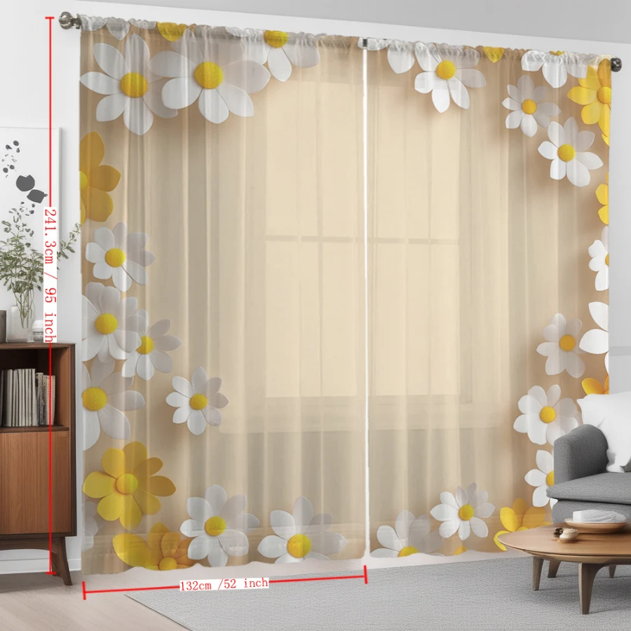 2PCS Digital Printed Sheer Curtain, Honey Yellow Daisies Print, Warm Sunny Floral Meadow for Living Room Bedroom Home Decor